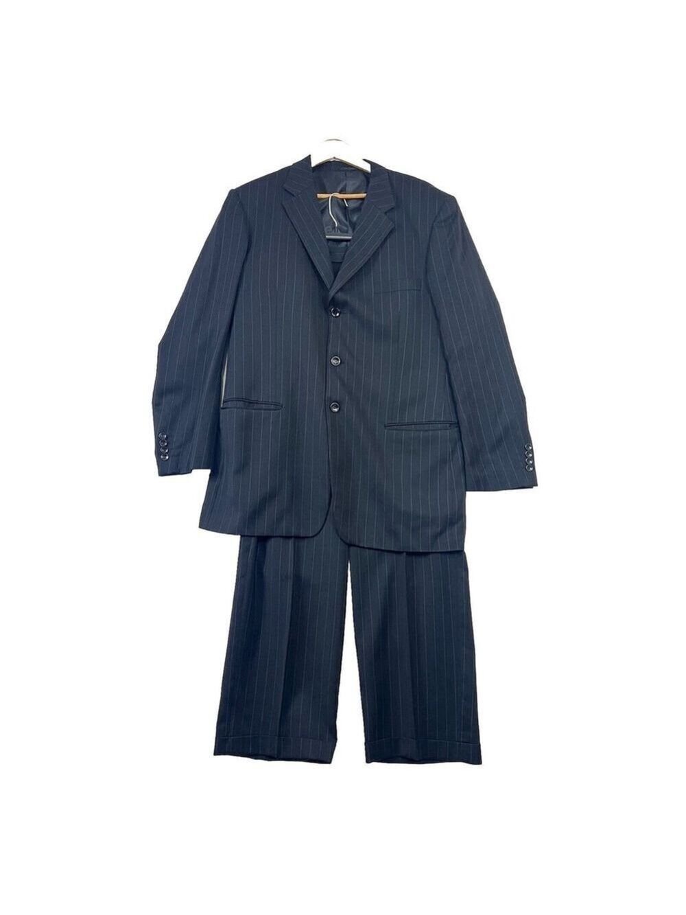Mantoni 46L 46x40 Black Stripe Super 120s Wool Mens Sport Coat Jacket Pants Suit